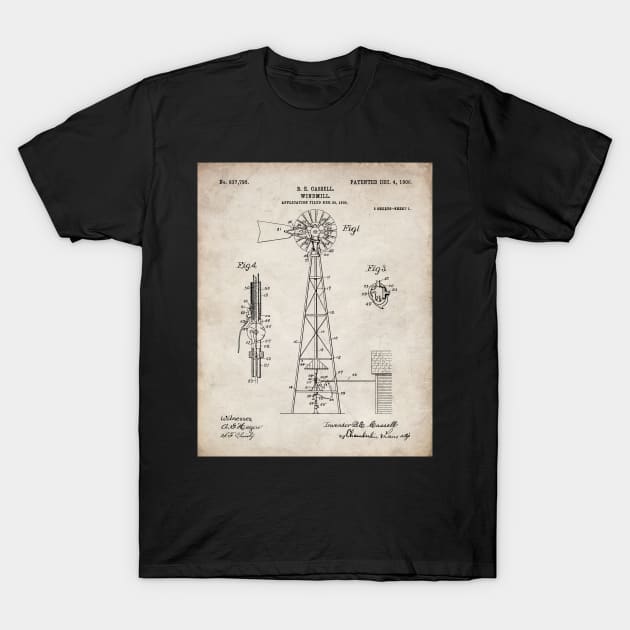 Windmill Patent - Farmer Rancher Country Farmhouse Art - Antique T-Shirt by patentpress